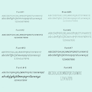 May include: A visual comparison of eight different fonts, labeled Font #1 through Font #8. Each font displays the alphabet in uppercase and lowercase letters, as well as the numbers 1 through 9 and 0.