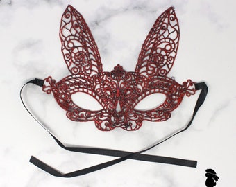 Red lace bunny masquerade mask; Halloween bunny costume, friends matching rabbit mask, bunny costume party