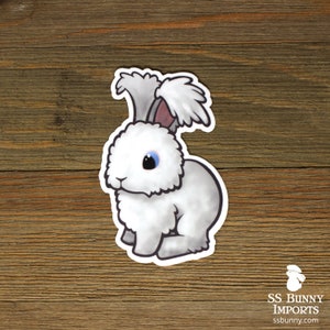 Blue-eyed white puppy-cut angora rabbit sticker; BEW angora bunny vinyl sticker; car sticker; water bottle sticker; bunny gift; rabbit gift