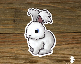 Blue-eyed white puppy-cut angora rabbit sticker; BEW angora bunny vinyl sticker; car sticker; water bottle sticker; bunny gift; rabbit gift
