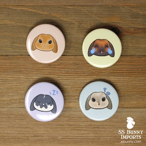 1.5&quot; bunny emote pinback buttons; rabbit emote pinback buttons, bunny emote pins, rabbit emote pins, lop rabbit pins, lop bunny pins
