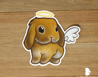 Orange lop angel bunny sticker; rabbit halo and wings, printed chibi rabbit vinyl tablet sticker, waterproof, weatherproof