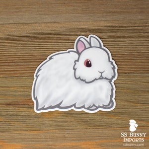 Ruby-eyed white Jersey Wooly bunny sticker; printed white fuzzy rabbit sticker, white fluffy bunny sticker, fluffy rabbit car sticker