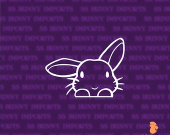Peeking cute half helicopter lop bunny sticker; rabbit laptop decal / car decal / smartphone vinyl sticker, glossy white