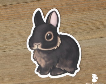 Black tan Netherland Dwarf bunny sticker; printed chibi rabbit vinyl laptop sticker, waterproof, weatherproof