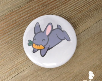 1.75" blue bunny with carrot pinback button; pin button, party favor, badge pin, lapel pin, bunny rabbit gift, cute bunny gift