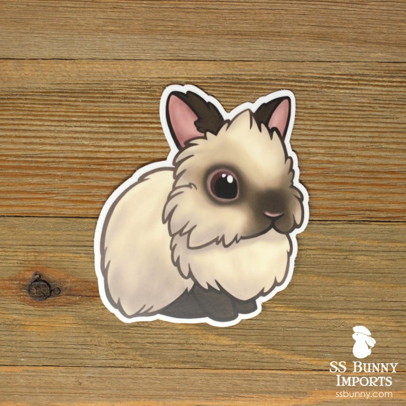 May include: A cartoon illustration of a fluffy, white rabbit with black markings around its eyes and nose. The rabbit has pink ears and large, dark eyes. The illustration is in a cartoon style and is suitable for use as a sticker or other decorative item.