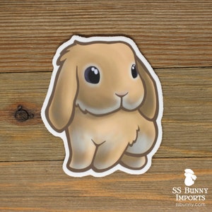 May include: A cartoon sticker of a brown and white lop-eared rabbit with big blue eyes. The rabbit is standing on all fours and has a fluffy tail.