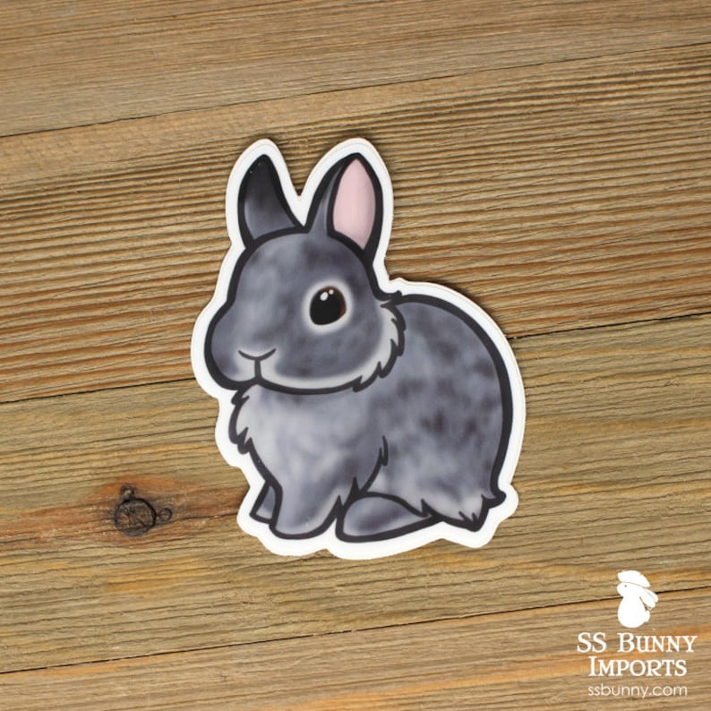 May include: A gray and white rabbit sticker with pink ears. The rabbit is sitting on its hind legs with its front paws tucked in. The sticker is on a wooden background.