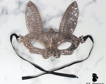 Copper lace bunny masquerade mask; Halloween bunny costume, friends matching rabbit mask, bunny costume party