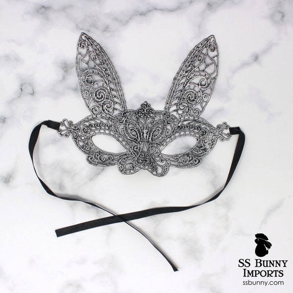 Silver lace bunny masquerade mask; Halloween bunny costume, Mardi Gras rabbit mask, bunny costume party