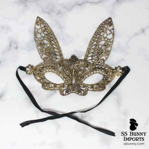 Gold lace bunny masquerade mask; Halloween bunny costume, friends matching rabbit mask, bunny costume party