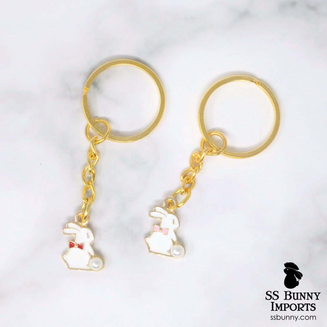 Bunny W/ Bow & Pearl Gold Keychain; Rabbit Key Chain, Bunny Gift, Bunny ...