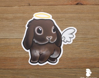 Brown otter lop angel rabbit sticker; chocolate otter lop bunny memorial sticker, brown rabbit laptop sticker, brown bunny car sticker