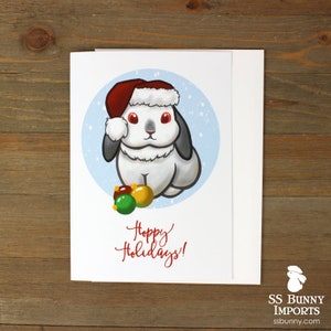 Hoppy Holidays Santa Bunny Card | Merry Christmas Rabbit Greeting Card | Himalayan Lop Present Card
