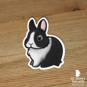 Black Vienna-marked Netherland Dwarf rabbit sticker; printed chibi Dutch dwarf bunny vinyl laptop sticker, waterproof, weatherproof