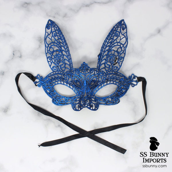 Blue lace bunny masquerade mask; Halloween bunny costume, friends matching rabbit mask, bunny costume party