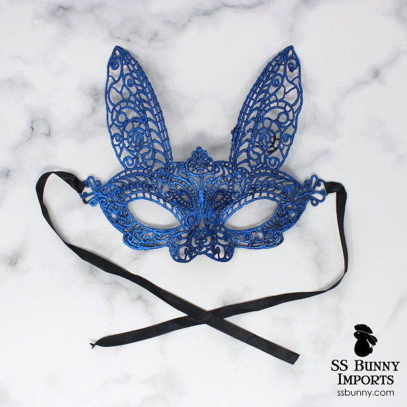 Blue lace bunny masquerade mask; Halloween bunny costume, friends matching rabbit mask, bunny costume party image 1