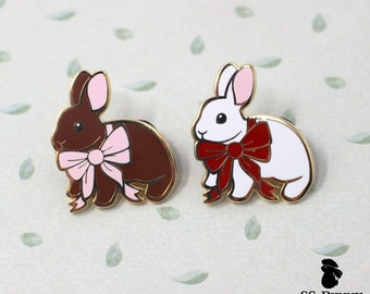 Bunny with bow hard enamel pin - brown, white;  rabbit lapel pin, bunny enamel pin, cute brown rabbit pin, cute white bunny pin, gold bunny