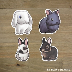 May include: Four different cartoon bunny rabbit stickers. The stickers are white, black, brown, and gray. The stickers are all in a cute cartoon style.