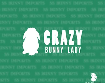 Crazy lop bunny lady decal, full text; rabbit sticker / car sticker / laptop sticker / tablet sticker, glossy white