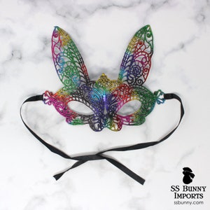 Rainbow lace bunny masquerade mask; Halloween bunny costume, friends matching rabbit mask, bunny costume party
