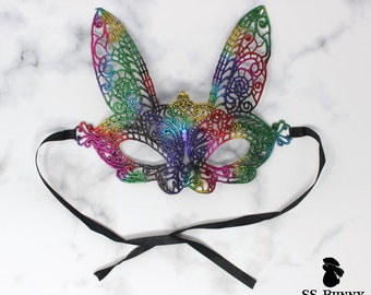 Rainbow lace bunny masquerade mask; Halloween bunny costume, friends matching rabbit mask, bunny costume party