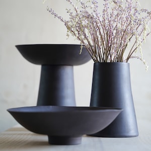 Tall Pedestal Bowl 10” Set | Black Stoneware Centerpiece | Fruit Bowl & Vase Duo