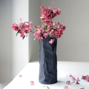 Matte black ceramic vase, unique ceramic art, crumpled vase image 3