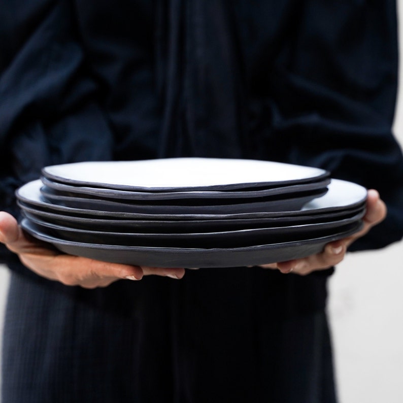 White Ceramic dinner and salad plates, Farmhouse style Black and white dinnerware set image 5