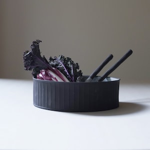Ribbed stoneware bowl, Black ceramic cylinder bowl
