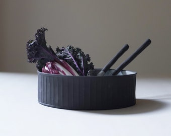 Ribbed stoneware bowl, Black ceramic cylinder bowl