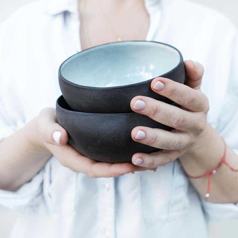 Black & white bowl set of two, Small black ceramic dish zdjęcie 2