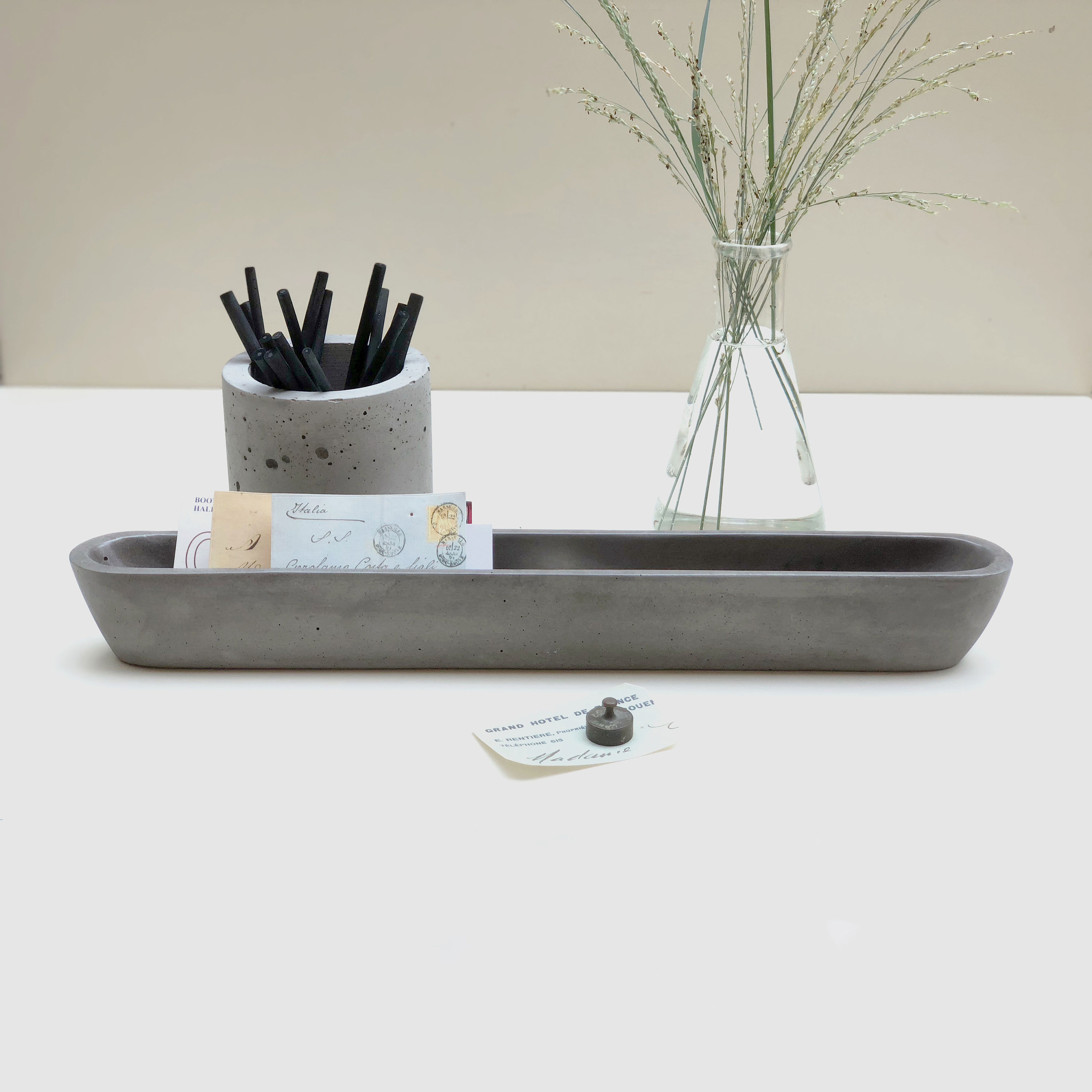 Plat Ovale Long en Béton, Plateau de Pièce Monnaie, Décoration Bureau, Plat Bijoux