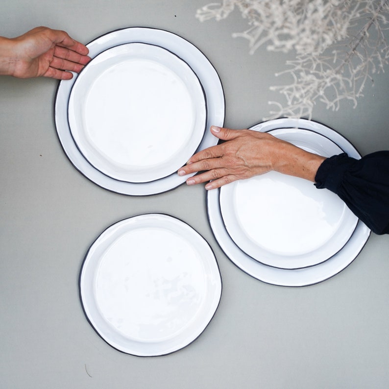 White Ceramic dinner and salad plates, Farmhouse style Black and white dinnerware set image 4