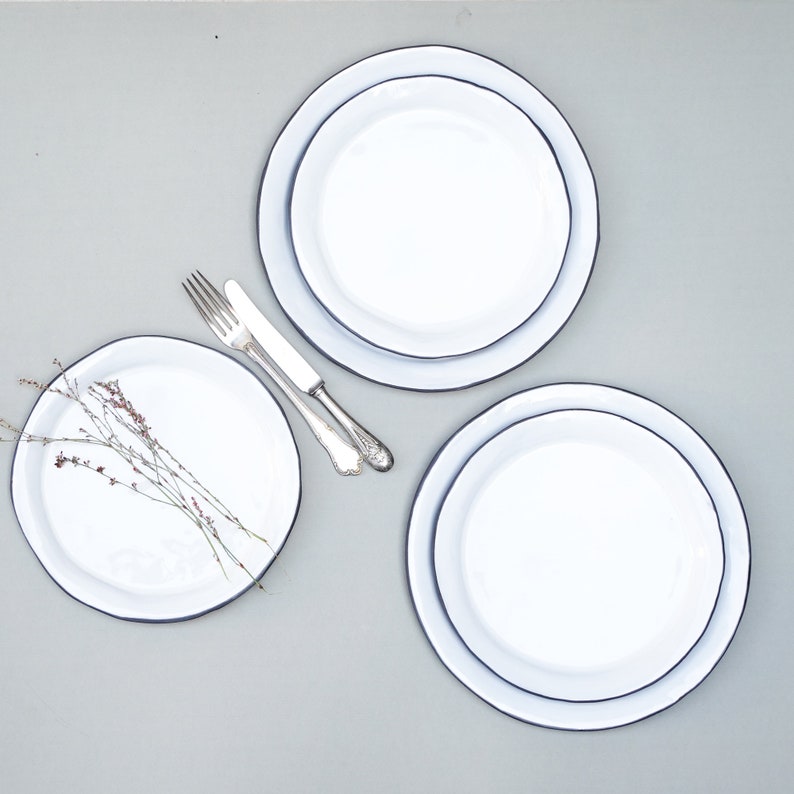 White Ceramic dinner and salad plates, Farmhouse style Black and white dinnerware set image 1
