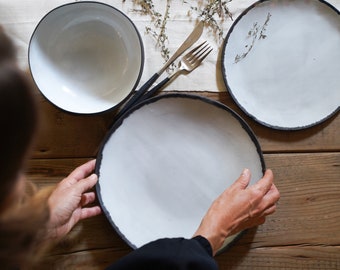 3-Piece Minimalist Dinnerware set,  Outline Dinner Plate, Salad Plate, Soup Bowl