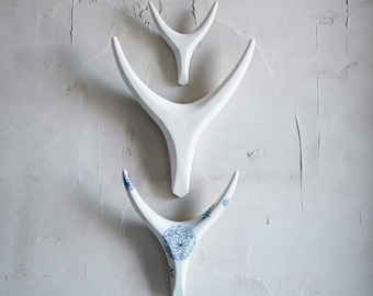 Blue and White Porcelain Antler Wall Sculpture Set of Three