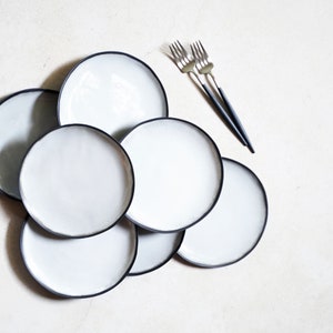 7.5&quot; Ceramic Dessert Plates Set of 4 | Handmade Appetizer dish | White with Black Rim