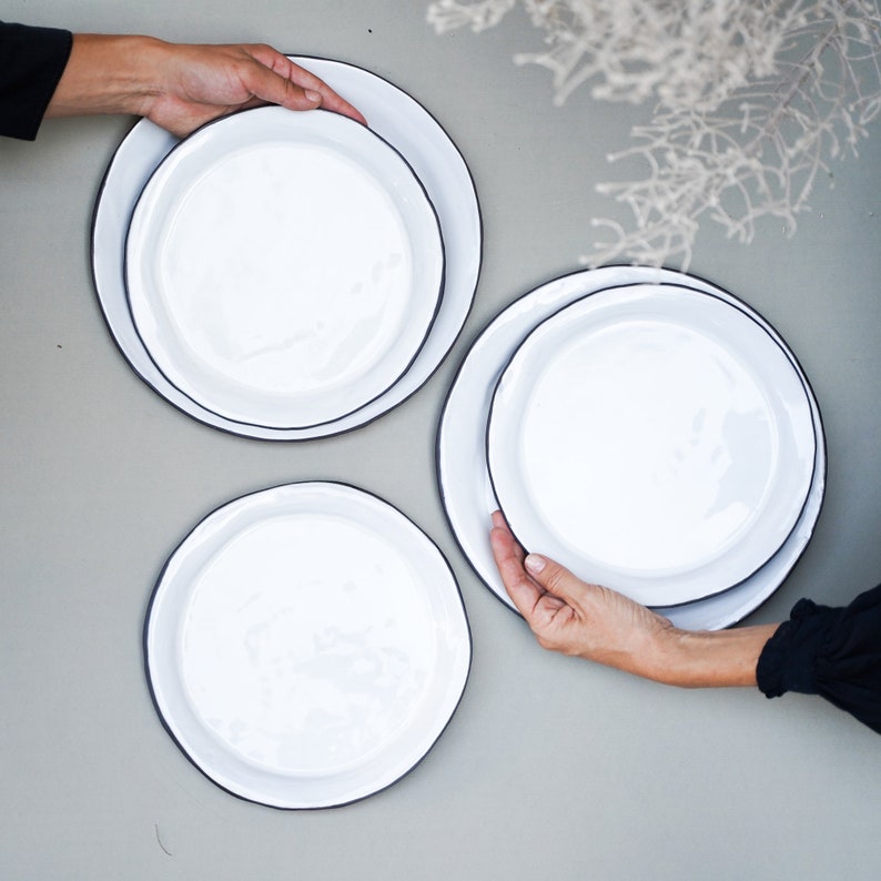 White Ceramic dinner and salad plates, Farmhouse style Black and white dinnerware set image 6