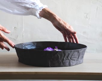 Crinkled Ceramic Centerpiece Bowl, Black Modern Table Decor