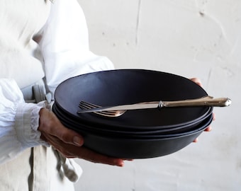 Black Ceramic Serving Bowl Set- 10 Inch Handmade Stoneware dish