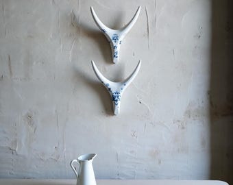 Porcelain Antler Wall Art Sculpture | Blue & White Chinoiserie Ceramic