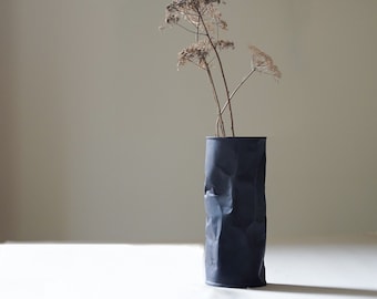 Matte black ceramic vase, unique ceramic art, crumpled vase