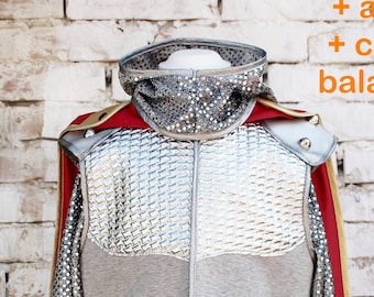 kids knight costume, complete outfit with knight armor, knight chainmail, red cape, and balaclava or helmet, knight quality dress up costume