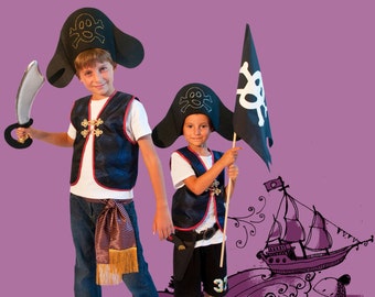 kids pirate costume with pirate vest, pirate hat and satin fringed sash, pirate outfit for boys, Tata Drama dress up for kids,