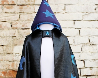 Kids wizard costume: magician cape with stars, magician hat and magic wand, magician costume, kids wizard cloak, wizard  hat, dress up