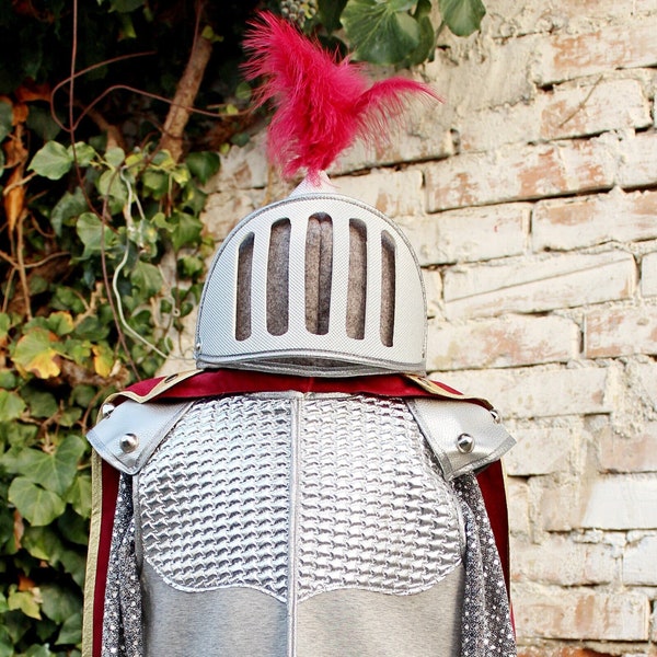 kids knight costume, complete outfit with knight armor, knight chainmail, burgundy cape,balaclava or helmet, knight quality dress up costume
