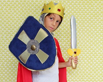 king Arthur costume for kids, kids knight costume with: foam sword, knight cape, knight hood, king crown and foam shield, dress up for kids