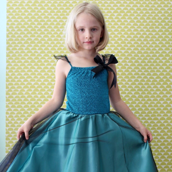 princess dress for girls, princess kids, princess costume for girls 2 to 10 years, with turquoise lurex top and satin and organza long skirt